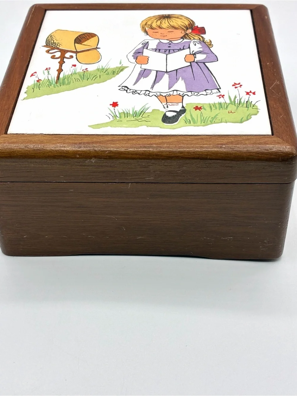 Vintage Mele Wood Jewelry Box Mirror Trinket Box Taiwan Girl Tile Lid